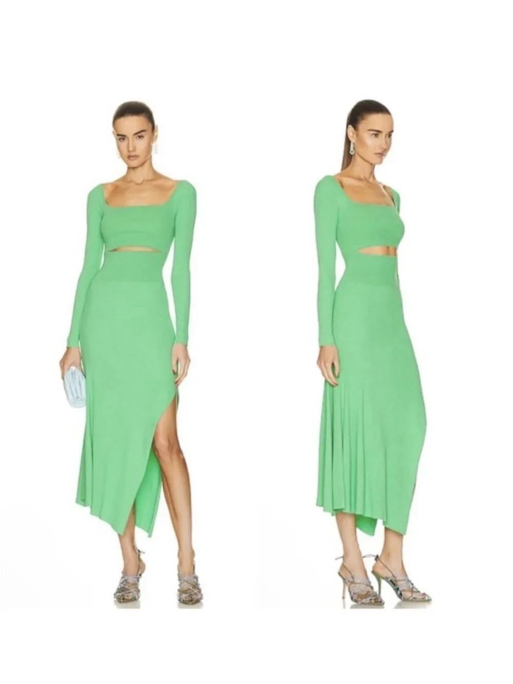 A.L.C. Authentic Clara Green Ribbed Knit Cutout Asymmetrical Midi Dress Large